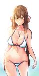  1girl artist_request ass_visible_through_thighs bangs barefoot bikini blush breasts brown_hair cleavage closed_mouth collarbone from_behind girls_frontline gradient gradient_background green_eyes groin hair_between_eyes hair_ribbon hair_rings highres jewelry large_breasts long_hair looking_at_viewer lowleg lowleg_bikini m1903_springfield_(girls_frontline) navel necklace ribbon sidelocks simple_background skindentation smile stomach swimsuit thighs wavy_mouth 