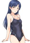  1girl arena_(company) armpit_crease bare_shoulders black_swimsuit blue_hair breasts brown_eyes collarbone competition_school_swimsuit cowboy_shot highres idolmaster idolmaster_(classic) kisaragi_chihaya logo long_hair looking_at_viewer medium_breasts open_mouth school_swimsuit simple_background solo swimsuit tsurui white_background 