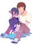  1girl 2boys black_hair brown_hair child closed_eyes facial_mark family grey_eyes hand_on_another&#039;s_head hyakujuu-ou_golion keith&#039;s_father_(voltron) keith_(voltron) krolia miyata_(lhr) multiple_boys open_mouth pointy_ears purple_hair purple_skin ribbed_sweater sitting smile stuffed_animal stuffed_hippopotamus stuffed_toy sweater turtleneck turtleneck_sweater voltron:_legendary_defender younger 