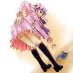  bare_legs bent_over black_footwear book boots dress from_behind knee_boots legs looking_at_viewer looking_back pastell patchouli_knowledge pink_dress purple_hair touhou 