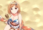  1girl bangs beach belt bikini_skirt blonde_hair bottle breasts brown_eyes cleavage collarbone djeeta_(granblue_fantasy) from_above granblue_fantasy hair_ornament hairband halterneck layered_swimsuit loose_belt medium_breasts nasunoko navel sand short_hair sitting smile solo swept_bangs thigh_strap 