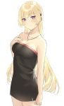  1girl aemu_(august_life) alternate_costume bangs bare_shoulders black_dress blonde_hair blush breasts cleavage closed_mouth collarbone commentary cross cross_necklace dress english_commentary eyebrows_visible_through_hair g3_(girls_frontline) girls_frontline hair_between_eyes hair_ornament hand_on_own_chest jewelry long_hair looking_at_viewer medium_breasts necklace sidelocks simple_background smile solo standing strapless strapless_dress tube_dress violet_eyes white_background 