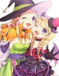  2girls ;d bangs black_choker black_dress black_gloves blonde_hair blush bow braid breasts candy candy_cane cape choker cleavage clock collarbone demon_horns demon_wings dragon_quest dragon_quest_xi dress elbow_gloves eyebrows_visible_through_hair fake_horns fang food gloves green_dress hairband halloween halloween_costume hat hat_bow horns kz_ripo medium_breasts mini_hat mini_top_hat multiple_girls one_eye_closed open_mouth orange_cape orange_gloves orange_ribbon purple_wings ribbon sash senya_(dq11) siblings simple_background sisters smile star straight_hair top_hat twin_braids twitter_username veronica_(dq11) violet_eyes white_background wings witch_hat 