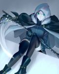  1girl aqua_eyes bangs black_cape black_footwear black_gloves black_legwear blunt_bangs boots cape dutch_angle eyebrows_visible_through_hair fate_(series) fur_trim gloves gray_(lord_el-melloi_ii) grey_background hair_between_eyes highres holding holding_weapon hood jack-barro long_hair lord_el-melloi_ii_case_files miniskirt parted_lips pleated pleated_skirt scythe simple_background sitting skirt solo thigh-highs weapon zettai_ryouiki zipper 