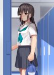  1girl black_hair brown_eyes closed_mouth eto eyebrows_visible_through_hair highres indoors locker locker_room long_hair original pleated_skirt school_uniform serafuku skirt solo standing 