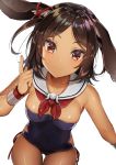  1girl :x animal_ears armpits ass_visible_through_thighs azur_lane bangs black_hair blue_swimsuit blush bow bracelet breasts cleavage closed_mouth collarbone cowboy_shot detached_collar dutch_angle ear_ribbon eyebrows_visible_through_hair hand_up highres hip_vent i-26_(azur_lane) index_finger_raised jewelry leaning_forward legs_together light_smile looking_at_viewer medium_breasts neckerchief nontraditional_school_swimsuit one-piece_swimsuit parted_bangs rabbit_ears red_eyes red_neckwear red_ribbon ribbon ribbon-trimmed_swimsuit ribbon_trim sailor_collar school_swimsuit short_hair side-tie_swimsuit simple_background skindentation smile solo standing strapless strapless_swimsuit stuffed_animal stuffed_bunny stuffed_toy swept_bangs swimsuit tan thigh_gap two_side_up white_background white_sailor_collar yayoichi_(yoruyoru108) 