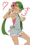  1girl clenched_teeth dark_skin double_v eyebrows_visible_through_hair flower green_eyes green_hair green_hairband grey_shorts hair_flower hair_ornament hairband long_hair looking_at_viewer mallow_(pokemon) ninchan one_eye_closed pokemon pokemon_(game) pokemon_sm shorts simple_background smile solo teeth twintails v white_background 