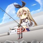  1girl :3 anchor_hair_ornament black_hairband blonde_hair blue_skirt blue_sky clouds commentary_request day elbow_gloves fishing fishing_rod gloves hair_ornament hairband highres horizontal-striped_legwear horizontal_stripes iganseijin kantai_collection long_hair navel outdoors rensouhou-chan shimakaze_(kantai_collection) sitting skirt sky solo striped thigh-highs white_gloves yellow_eyes 