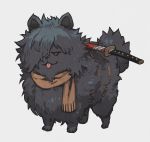  :p animalization brown_scarf commentary_request dog fate/grand_order fate_(series) fluffy full_body grey_background highres jitome katana lack looking_at_viewer no_humans okada_izou_(fate) scabbard scarf sheath simple_background solo sword tongue tongue_out weapon 