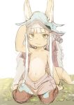  1other :3 bangs barefoot blunt_bangs closed_mouth commentary_request ears_through_headwear eyebrows_visible_through_hair furry highres hiranko horns kneeling looking_at_viewer made_in_abyss nanachi_(made_in_abyss) navel orange_eyes pants paws short_hair_with_long_locks sidelocks simple_background solo topless whiskers white_background 