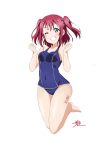  1girl ;d absurdres blue_swimsuit breasts collarbone covered_navel eyebrows_visible_through_hair full_body green_eyes hair_between_eyes highres kurosawa_ruby long_hair looking_at_viewer love_live! love_live!_sunshine!! one_eye_closed open_mouth redhead school_swimsuit signature simple_background small_breasts smile solo swimsuit twintails white_background 