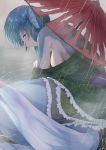  1girl blue_hair breasts broken commentary_request fish_scales fish_tail green_kimono head_fins highres japanese_clothes kagami_toufu kimono looking_at_viewer medium_breasts mermaid monster_girl no_bra rain scales short_hair solo tail touhou umbrella wakasagihime 