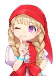  1girl ;) bangs blonde_hair bracelet braid closed_mouth dragon_quest dragon_quest_xi hat highres jewelry kz_ripo long_hair one_eye_closed puffy_short_sleeves puffy_sleeves red_hat short_sleeves simple_background smile solo twin_braids twitter_username upper_body veronica_(dq11) violet_eyes white_background 