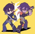  1boy 1girl black_hair bodysuit facial_mark fighting_stance grey_eyes gun hyakujuu-ou_golion keith_(voltron) krolia miyata_(lhr) mother_and_son purple_hair purple_skin sword violet_eyes voltron:_legendary_defender weapon yellow_sclera 