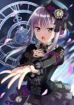  1girl bang_dream! bangs black_hat brown_eyes cherry_blossoms clock earrings floating_hair flower gothic_lolita grey_skirt hair_between_eyes hair_ornament hat highres jewelry layered_skirt lolita_fashion long_hair looking_at_viewer minato_yukina open_mouth outstretched_arm purple_flower silver_hair skirt solo standing yuusa 