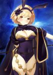  1girl alternate_color animal_ears arm_behind_back black_legwear blonde_hair blush breasts brown_eyes cape cleavage commentary_request covered_navel djeeta_(granblue_fantasy) fake_animal_ears flower granblue_fantasy hair_flower hair_ornament hairband kaisen_chuui large_breasts leotard looking_at_viewer night night_sky rabbit_ears sage_(granblue_fantasy) short_hair simple_background sky smile solo staff star starry_background thigh-highs 