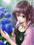  1girl black_ribbon blue_flower breasts brown_hair bubble cleavage collarbone eyebrows_visible_through_hair flower green_eyes hair_between_eyes highres holding holding_umbrella hydrangea jacket jewelry macha0331 medium_breasts neck_ribbon necklace open_clothes open_jacket open_mouth original outdoors pink_jacket rain ribbon shirt short_hair short_sleeves sleeveless sleeveless_shirt solo stairs transparent_umbrella umbrella 