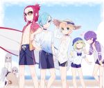  androgynous aqua_eyes baseball_cap beach blonde_hair blue_hair blue_sky blurry bracelet choker closed_eyes clouds commentary commentary_request cowboy_shot darling_in_the_franxx day depth_of_field food gradient_clothes green_eyes green_hair grey_hair hand_in_pocket hand_on_headwear hand_on_hip hand_on_thigh hat heart ice_cream ice_cream_cone jacket jewelry mask mt.somo nine_alpha_(darling_in_the_franxx) nine_beta nine_delta nine_epsilon nine_eta nine_gamma nine_theta nine_zeta ocean open_clothes open_shirt outdoors purple_hair red_eyes redhead sand_sculpture school_uniform shirt shorts sky smile standing straw_hat sunglasses surfboard track_jacket triplets white_shirt 