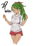  1girl alternate_costume alternate_hairstyle bracelet breasts covered_navel dark_skin earrings green_eyes green_hair hair_ribbon highres hoop_earrings jewelry long_hair looking_at_viewer mallow_(pokemon) medium_breasts ninchan pokemon pokemon_(game) pokemon_sm ponytail raglan_sleeves red_ribbon red_shorts ribbon shorts simple_background solo sweater turtleneck turtleneck_sweater white_background white_sweater 