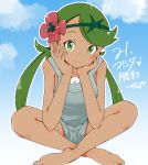  1girl barefoot dark_skin flower green_eyes green_hair green_hairband grey_shorts hair_flower hair_ornament hairband hands_on_own_cheeks hands_on_own_face indian_style legs long_hair looking_at_viewer mallow_(pokemon) ninchan pokemon pokemon_(game) pokemon_sm shorts sitting solo translation_request twintails 