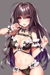  1girl belt blush breasts brown_hair cleavage commentary_request grey_background long_hair looking_at_viewer medium_breasts navel open_mouth original red_eyes simple_background solo user_fvsd2278 wrist_cuffs 