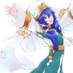  1girl blue_dress blue_eyes blue_hair cosplay dress fire_emblem fire_emblem:_kakusei fire_emblem_heroes fur_trim gunnthra_(fire_emblem) gunnthra_(fire_emblem)_(cosplay) hair_between_eyes long_hair long_sleeves lucina nezumoto open_mouth outstretched_arms simple_background solo spread_arms veil white_background 