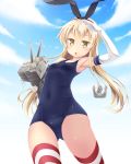  1girl :o anchor_hair_ornament armpits black_hairband blonde_hair blue_sky carrying clouds covered_navel day elbow_gloves gloves hair_ornament hairband highres horizontal-striped_legwear horizontal_stripes iganseijin kantai_collection long_hair looking_at_viewer one-piece_swimsuit open_mouth rensouhou-chan salute shimakaze_(kantai_collection) sky striped swimsuit thigh-highs white_gloves yellow_eyes 