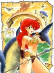 90s akaishizawa_takashi animal_print artist_name axe bikini blonde_hair blue_hair breasts carrying_over_shoulder cleavage daitokuji_biko dated dinosaur holding holding_axe holding_spear holding_weapon jewelry kotobuki_shiiko leopard_print long_hair looking_at_viewer magami_eiko mouth_hold navel necklace official_art open_mouth polearm prehistoric_animal project_a-ko red_eyes redhead spear swimsuit weapon 