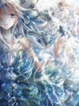  1girl blue_eyes bubble collarbone dress floating_hair green_ribbon hair_between_eyes hair_ribbon layered_dress long_hair looking_at_viewer misaki_yuu_(misaki_1192) open_mouth original ribbon silver_hair sleeveless sleeveless_dress solo underwater 