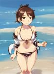  1girl adapted_costume ass_visible_through_thighs bikini black_bikini_bottom black_ribbon breasts brown_eyes brown_hair covered_nipples cowboy_shot front-tie_top hair_ribbon kantai_collection looking_at_viewer mismatched_bikini open_clothes open_shirt ponytail ribbon sameha_ikuya shikinami_(kantai_collection) shirt side-tie_bikini small_breasts solo swimsuit white_bikini_top white_shirt 