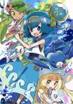  3girls alolan_vulpix blonde_hair blue_eyes blue_hair blush_stickers braid bubble dark_skin dewpider fishing_rod flower gen_1_pokemon gen_7_pokemon green_eyes green_hair hair_flower hair_ornament hairband hat highres kingin lillie_(pokemon) long_hair mallow_(pokemon) multiple_girls one_eye_closed open_mouth overalls petals pokemon pokemon_(anime) pokemon_(creature) pokemon_sm_(anime) popplio shirt short_hair sleeveless sleeveless_shirt smile steenee suiren_(pokemon) sun_hat swimsuit swimsuit_under_clothes trial_captain twin_braids twintails white_hat white_shirt wishiwashi 