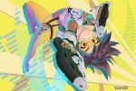  1girl artist_name bard-bot bomber_jacket brown_eyes brown_hair dual_wielding goggles grin holding jacket leg_up looking_at_viewer overwatch short_hair signature smile solo thighs tracer_(overwatch) upside-down yellow_background 