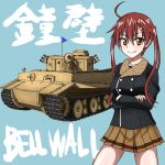  1girl bickle_(bickle1983) blue_background coat girls_und_panzer girls_und_panzer_little_army ground_vehicle military military_vehicle motor_vehicle nakasuga_emi redhead skirt tank tiger_i translation_request twintails yellow_eyes 