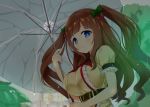 +_+ .live 1girl akiiro belt blue_eyes blush bow breasts brown_hair closed_mouth eyebrows_visible_through_hair ferris_wheel green_bow hair_bow holding holding_umbrella kakyouin_chieri large_breasts looking_at_viewer neckerchief outdoors puffy_short_sleeves puffy_sleeves rain red_neckwear short_sleeves solo twintails umbrella 