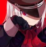  1girl akatsuki_blitzkampf evil_smile gloves hat head_rest looking_at_viewer lowres military military_hat military_uniform peaked_cap perfecti red_background red_eyes silver_hair simple_background smile solo uniform wataru_(eguru200) 