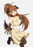  1girl :d ahoge anarchojs animal_ears back_bow bangs bell bell_collar black_footwear blunt_bangs bow breasts brown_eyes brown_gloves brown_hair brown_legwear cleavage collar collarbone dog_ears dog_tail dress elbow_gloves eyebrows_visible_through_hair floating_hair gloves grey_background grey_dress hair_between_eyes high_ponytail highres loafers long_hair medium_breasts one_leg_raised open_mouth outstretched_arm pantyhose shoes short_dress simple_background sleeveless sleeveless_dress smile solo standing standing_on_one_leg tail taneshima_popura very_long_hair white_bow working!! 