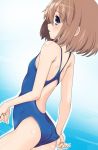  1girl adjusting_clothes adjusting_swimsuit back_cutout blue_eyes blush brown_hair flat_chest from_behind iwasi-r neptune_(series) one-piece_swimsuit rom_(choujigen_game_neptune) short_hair solo swimsuit 