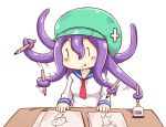  :q blue_sailor_collar blush_stickers drawing green_hat greenteaneko hair_between_eyes hat highres ink_bottle ink_pen long_hair long_sleeves motion_lines necktiie paper prehensile_hair purple_hair red_neckwear sailor_collar shirt simple_background table tentacle_hair tongue tongue_out white_background white_shirt |_| 