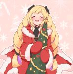  1girl black_bow blonde_hair blush bow christmas_tree closed_eyes cosplay elise_(fire_emblem_if) fire_emblem fire_emblem:_kakusei fire_emblem_heroes fire_emblem_if fur_trim hair_bow highres hood hood_down konagona long_hair long_sleeves male_my_unit_(fire_emblem:_kakusei) mittens multicolored_hair my_unit my_unit_(cosplay) my_unit_(fire_emblem:_kakusei) open_mouth purple_hair red_mittens santa_costume solo twintails 