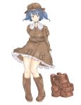  1girl alternate_color arms_behind_back backpack backpack_removed bag bare_legs blue_eyes blue_hair boots brown_footwear highres kawashiro_nitori looking_to_the_side michael-x rubber_boots touhou white_background 