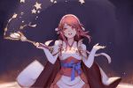  1girl cape cottan666 dress fire_emblem fire_emblem_heroes fire_emblem_if gloves hairband looking_away open_mouth pink_hair priest red_eyes redhead sakura_(fire_emblem_if) short_hair smile solo staff upper_body white_dress white_gloves 