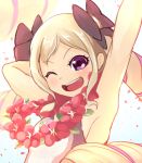  1girl armpits blonde_hair drill_hair elise_(fire_emblem_if) fire_emblem fire_emblem_heroes fire_emblem_if flower_wreath hair_ribbon highres long_hair looking_at_viewer nakabayashi_zun open_mouth ribbon simple_background smile solo swimsuit twin_drills violet_eyes 