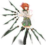  1girl ahoge bow freckles full_body green_eyes hair_bow insertsomthinawesome looking_at_viewer orange_hair penny_polendina pink_bow rwby short_hair simple_background smile solo standing standing_on_one_leg sword thigh-highs weapon white_background wire 
