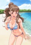  1girl bangs bare_shoulders beach blunt_bangs blush breasts brown_hair cleavage clouds collarbone commentary_request cowboy_shot embarrassed eyebrows eyebrows_visible_through_hair front-tie_top hair_bun highres horizontal_stripes idolmaster idolmaster_cinderella_girls kamiya_nao long_hair looking_at_viewer medium_breasts nigou open_mouth outdoors red_eyes sky solo striped striped_swimsuit sweatdrop swimsuit thick_eyebrows water 