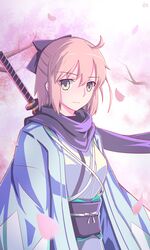  1girl absurdres black_bow black_scarf blonde_hair bow cherry_blossoms eyebrows_visible_through_hair fate/grand_order fate_(series) hair_between_eyes hair_bow haori highres japanese_clothes jia kimono okita_souji_(fate) okita_souji_(fate)_(all) outdoors pixiv_fate/grand_order_contest_1 scarf sheath sheathed short_hair smile solo sword upper_body weapon white_kimono yellow_eyes 