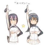  2girls animal_print arm_up bangs black_hair bob_cut breasts brown_eyes chikuta_ikuko closed_mouth commentary_request cropped_torso dot_nose drawstring eyebrows_visible_through_hair flipped_hair gentoo_penguin_(kemono_friends) hair_between_eyes hand_on_hip headphones highres hood hood_down hooded_jacket humboldt_penguin_(kemono_friends) index_finger_raised jacket kemono_friends large_breasts long_hair long_sleeves looking_at_viewer medium_breasts microskirt multicolored_hair multiple_girls open_mouth orange_eyes outstretched_arm parted_bangs penguin_girl penguin_tail penguins_performance_project_(kemono_friends) pink_hair pleated_skirt pointing pointing_up print_jacket raised_eyebrows seiyuu_connection shiny shiny_hair short_hair simple_background skirt smile star tail tamura_kyouka tenya translation_request turtleneck two-tone_hair white_background white_hair zipper_pull_tab 