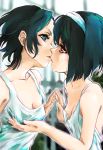  2girls blush breast_grab breasts brown_eyes grabbing green_eyes green_hair hairband kiss looking_at_another marutaya multiple_girls original short_hair small_breasts tank_top yuri 