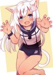  1girl amacha anchor animal_ears armband bangs blue_eyes blush cat_ears cat_tail claw_pose commentary_request fang flower hair_flower hair_ornament kantai_collection kemonomimi_mode legs long_hair looking_at_viewer one-piece_swimsuit open_mouth ro-500_(kantai_collection) school_swimsuit school_uniform serafuku simple_background solo standing swimsuit swimsuit_under_clothes tail tan tanline thighs white_hair 