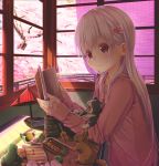  1girl abo_(kawatasyunnnosukesabu) animal bangs book cat cherry_blossoms commentary_request cup dango flower food frog hair_flower hair_ornament hanami highres holding holding_book indoors long_hair long_sleeves nail_polish open_book original pink_hoodie pink_nails red_eyes sakura_mochi shade sleeves_past_wrists solo spring_(season) squirrel tree umbrella wagashi white_hair window wrapper yawning yunomi 