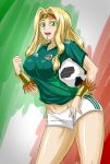  1girl armband ball blonde_hair breasts commentary fate/grand_order fate_(series) football green_eyes headband jewelry large_breasts long_hair looking_at_viewer mexican_flag mexico open_mouth quetzalcoatl_(fate/grand_order) smile soccer_ball soccer_uniform solo sportswear very_long_hair zantyarz 